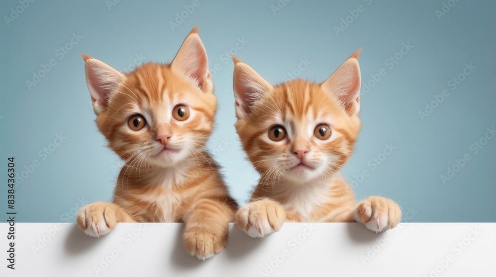 An adorable orange kitten with big eyes peeking curiously over a blank surface. Kitten head with paws up peeking over blank white sign placard. Pet kitten curiously peeking behind white background. An adorable orange kitten with big eyes peeking curiously over a blank surface. Kitten head with paws up peeking over blank white sign placard. Pet kitten curiously peeking behind white background.