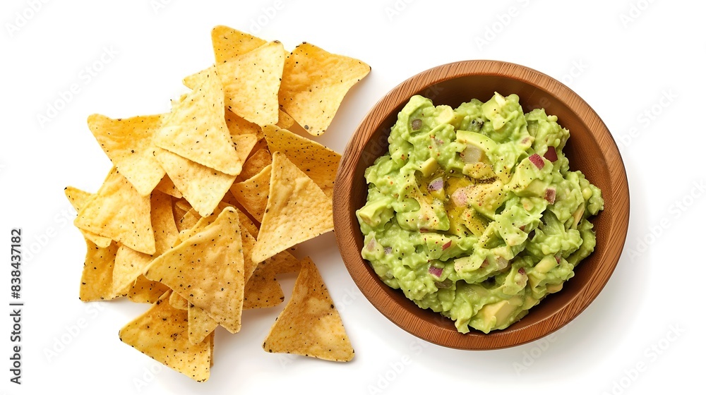 Fresh guacamole in a wooden bowl with crispy tortilla chips. Perfect for snacks. Textured and bright style. AI Fresh guacamole in a wooden bowl with crispy tortilla chips. Perfect for snacks. Textured and bright style. AI