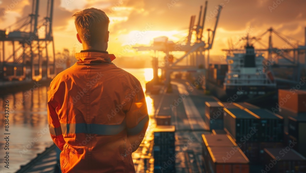 A port worker in an orange safety suit stands at the cargo yard, observing loading and unloading activities with a sunset backdrop. A port worker in an orange safety suit stands at the cargo yard, observing loading and unloading activities with a sunset backdrop.