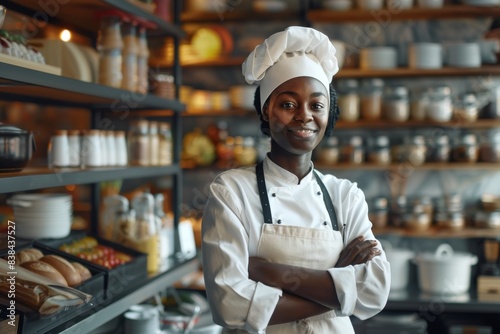 Attractive black female chef standing in her restaurant kitchen  arms crossed and smiling at the camera with food items on shelves behind her.