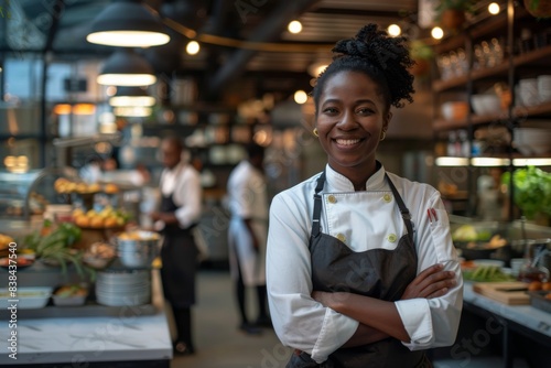 Attractive black female chef standing in her restaurant kitchen, arms crossed and smiling at the camera with food items on shelves behind her.