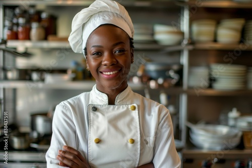 Attractive black female chef standing in her restaurant kitchen  arms crossed and smiling at the camera with food items on shelves behind her.