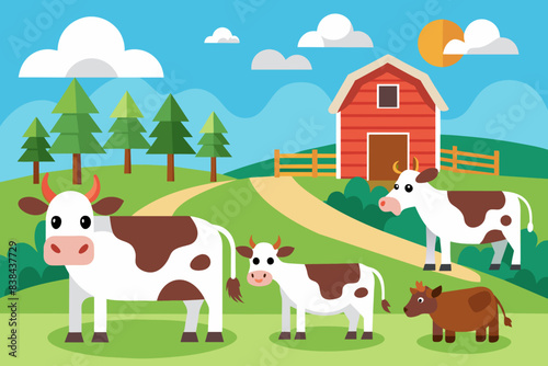 Cartoon farm animals graze on green grass under a sunny sky