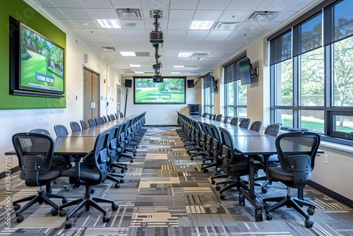 A large conference room with a projector screen and a large table