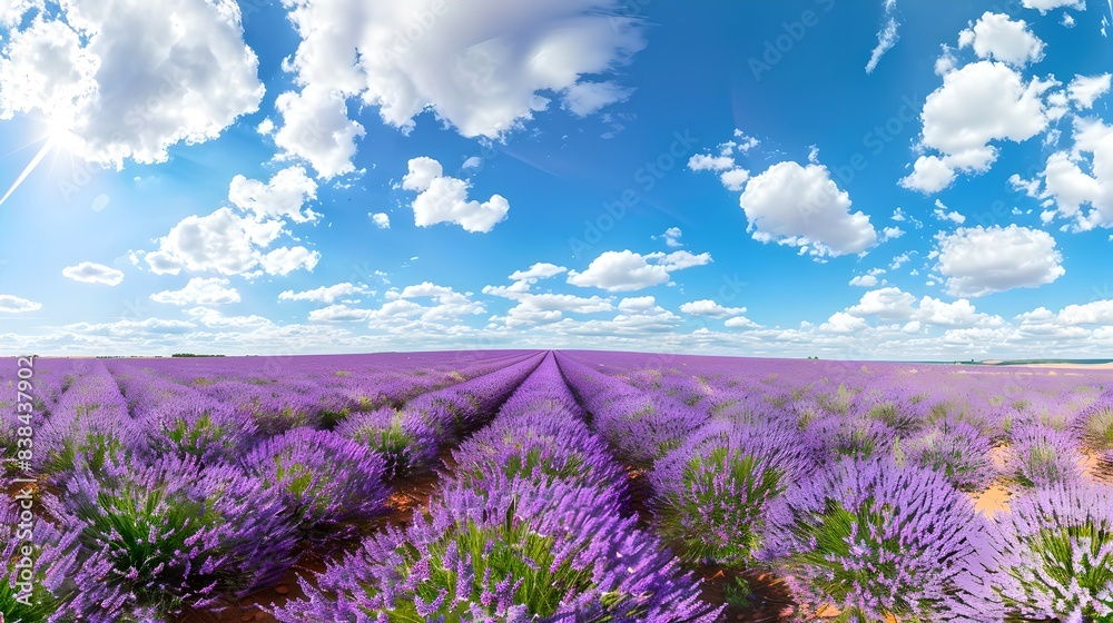 Obraz premium Beautiful lavender fields under a vibrant blue sky. Lush purple flowers stretch to the horizon. Stunning scenic landscape perfect for relaxation and nature lovers. AI