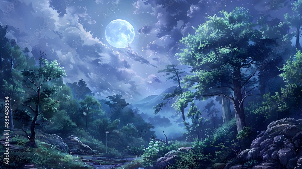 Fototapeta premium Enchanting Moonlit Forest Landscape with Towering Trees and Ethereal Atmosphere