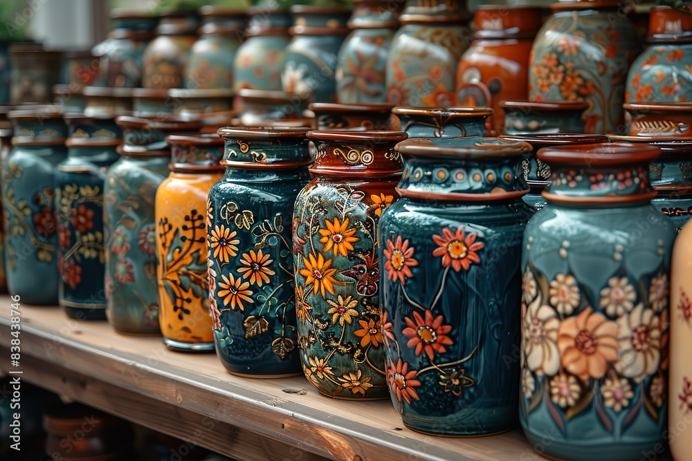 A row of colorful vases with flowers painted on them A row of colorful vases with flowers painted on them