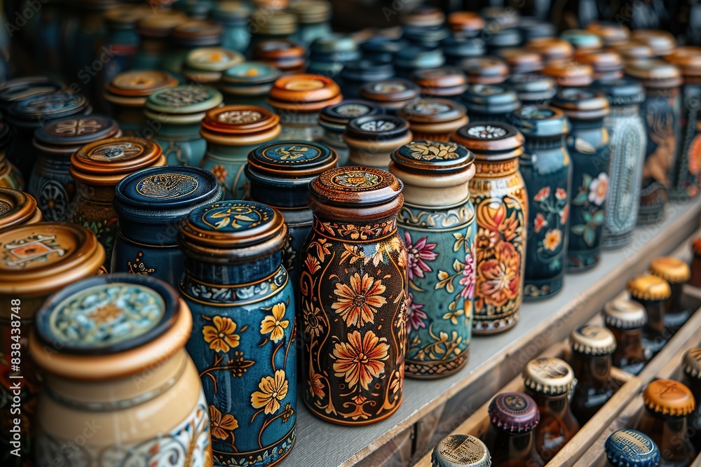 A row of colorful vases with flowers painted on them. The vases are arranged on a wooden shelf A row of colorful vases with flowers painted on them. The vases are arranged on a wooden shelf