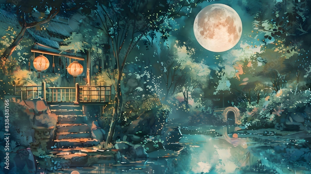 Obraz premium Enchanting Moonlit Lakeside Pathway in Mystical Forest Landscape