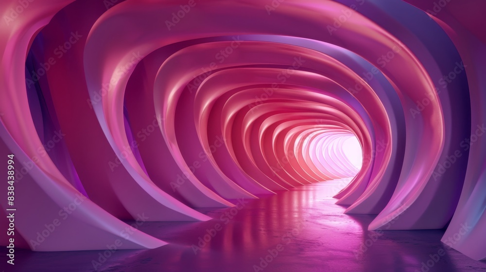 Obraz premium Futuristic tunnel with vibrant pink and purple colors, showcasing abstract architecture and modern design elements in a glowing, curved tunnel.