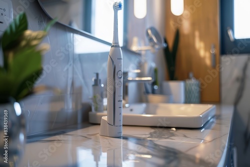 High-Tech Electric Toothbrush Charging on a Modern Bathroom Counter - Innovative Oral Care