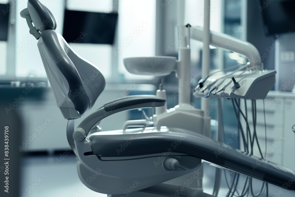 Modern Dental Chair with Advanced Instruments in High-Tech Dental Clinic Interior Modern Dental Chair with Advanced Instruments in High-Tech Dental Clinic Interior