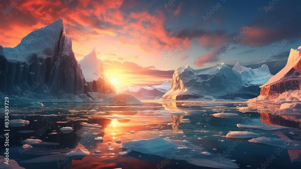 Icebergs floating in a polar sea under the midnight sun  