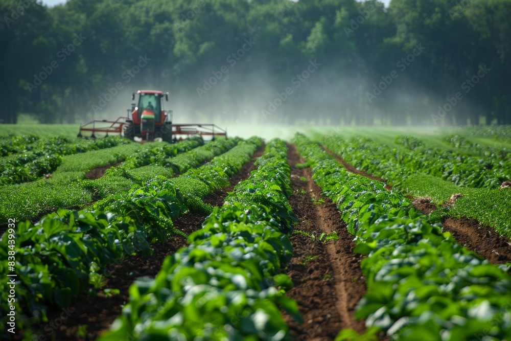 Obraz premium Genetically Modified Potato Harvesting Field with Modern Machinery and Farmer Oversight