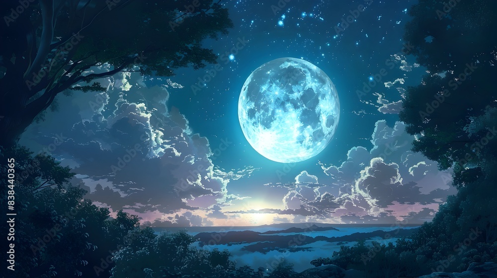 Enchanting Moonlit Landscape with Tranquil Lake and Reflective Serenity Enchanting Moonlit Landscape with Tranquil Lake and Reflective Serenity