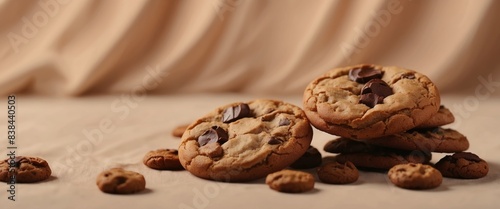 Brown american cookies on beige silk fabric background Minimal style Bakery and pastry concept.