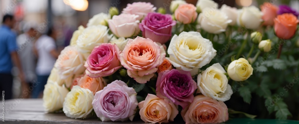 Bouquets of colorful roses, statice bunch, white ranunculus at the market close up Beautiful floral background. Bouquets of colorful roses, statice bunch, white ranunculus at the market close up Beautiful floral background.