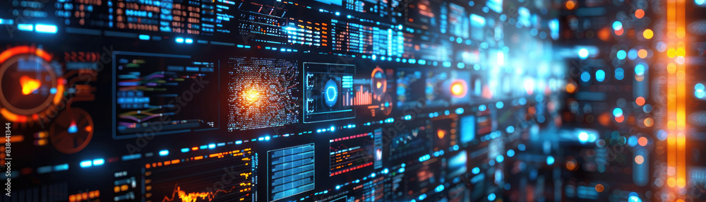 Futuristic digital interface with data visualizations and analytics on a high-tech LED screen, representing modern technology and innovation. Futuristic digital interface with data visualizations and analytics on a high-tech LED screen, representing modern technology and innovation.