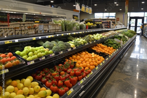 Supermarket Section Displaying Genetically Modified Produce with Informational Signage and Fresh Vegetables © spyrakot