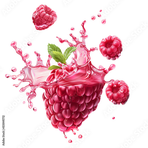 A vibrant splash of pink raspberry juice with fresh raspberries and a green leaf, transparent background png