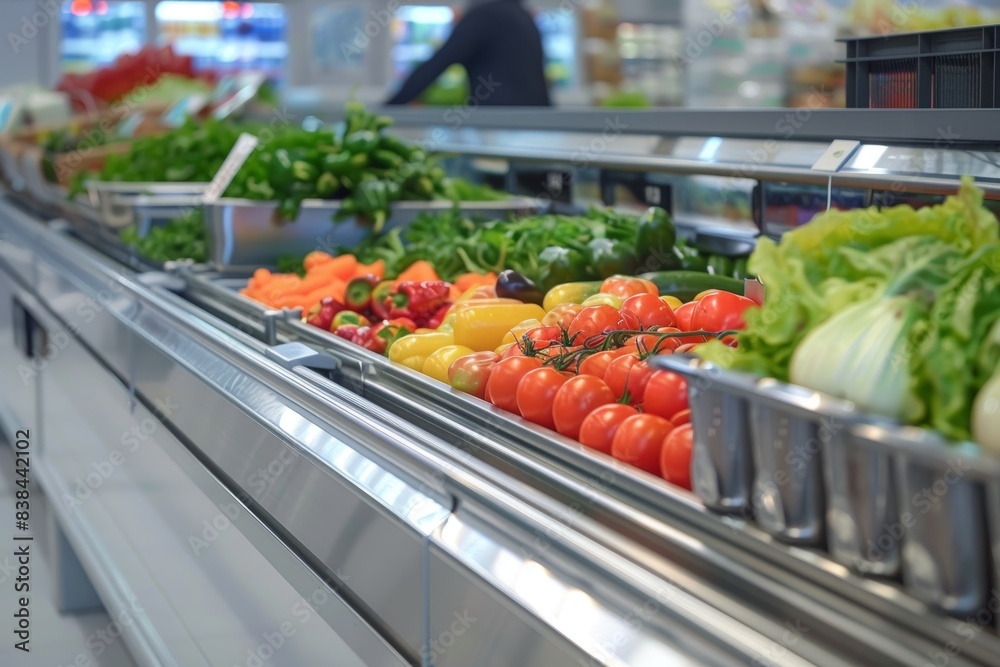 Fresh Produce on Supermarket Conveyor Belt: Vibrant Vegetables and Greens at Checkout Counter Fresh Produce on Supermarket Conveyor Belt: Vibrant Vegetables and Greens at Checkout Counter