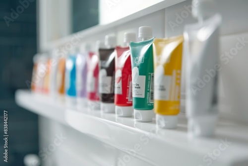 Colorful Toothpaste Tubes in a Neat Row on White Bathroom Shelf for Fresh Oral Care