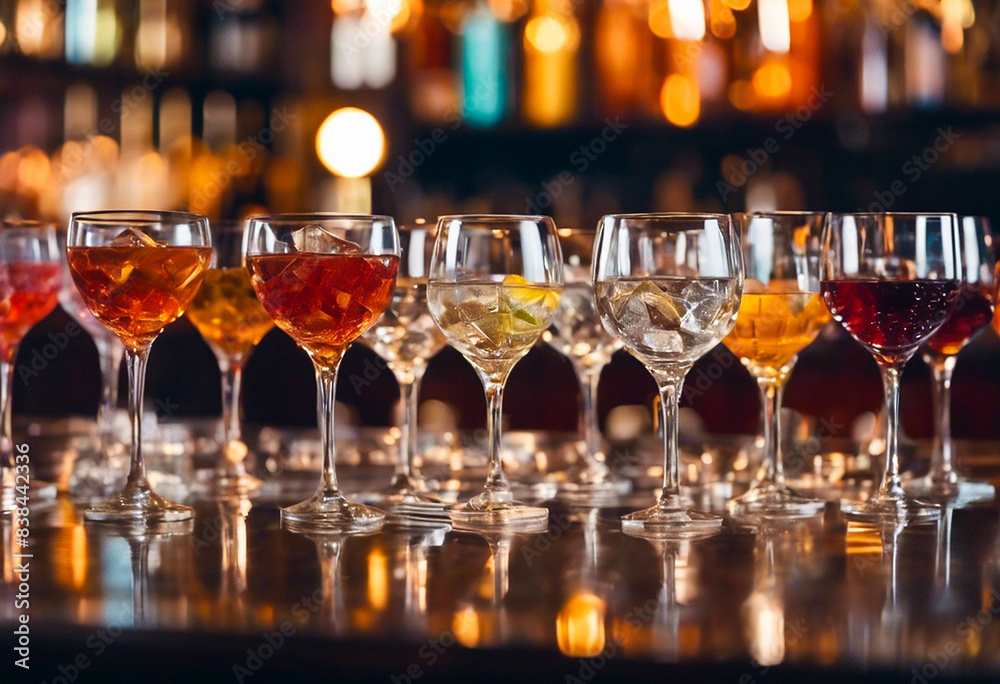 Close-up with many cocktail glasses and blurred background Close-up with many cocktail glasses and blurred background