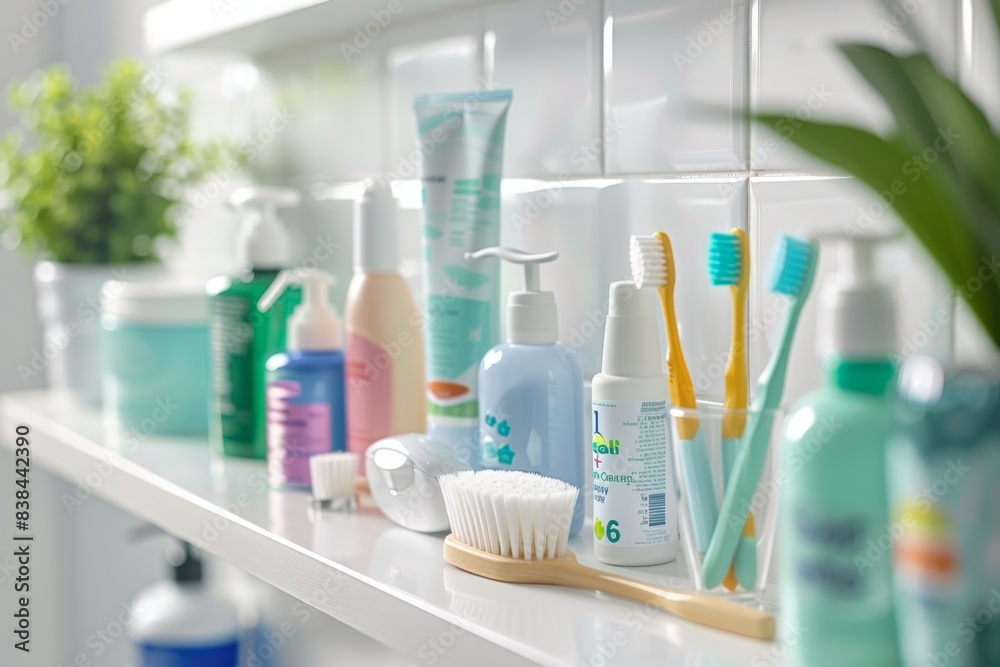 Various Dental Hygiene Products Neatly Arranged on a White Bathroom Shelf for Clean and Fresh Oral Care Various Dental Hygiene Products Neatly Arranged on a White Bathroom Shelf for Clean and Fresh Oral Care