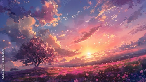 Enchanting Sunset Over Vibrant Meadow with Blossoming Tree #838442500