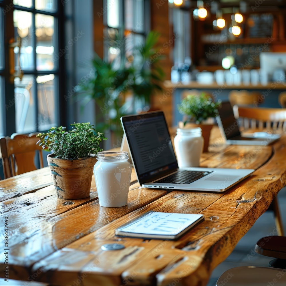A close-up shot of a conference table with laptops, notebooks, and coffee cups, symbolizing a productive business meeting A close-up shot of a conference table with laptops, notebooks, and coffee cups, symbolizing a productive business meeting