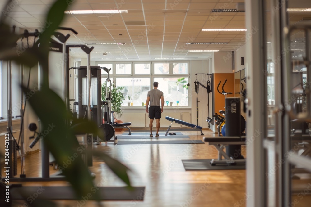 Athlete Rehabilitation Workout with Trainer in a Well-Equipped, Bright Gym Setting Athlete Rehabilitation Workout with Trainer in a Well-Equipped, Bright Gym Setting