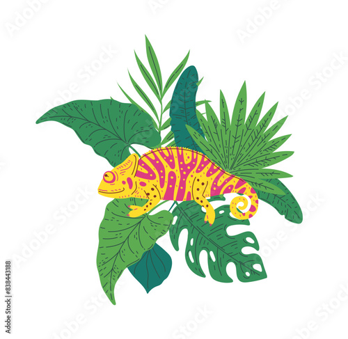 Cute striped colorful chameleon with tropical leaves, vector cartoon wild predator lizard animal, exotic guana pet