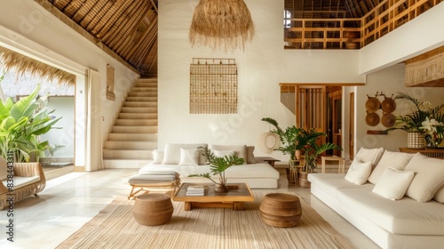 Bali villa with spacious living room with light sofas and bamboo accents