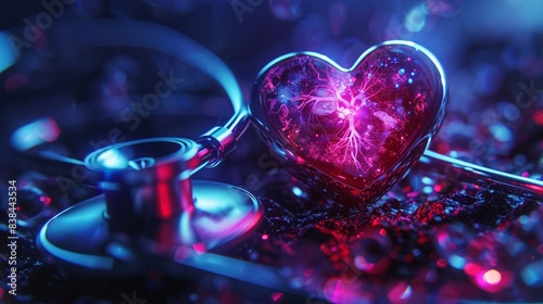 Hightech stethoscope with a holographic heart, futuristic, digital painting, neon colors, sharp focus 8K , high-resolution, ultra HD,up32K HD photo