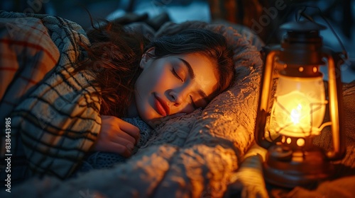 Young woman sleeping in a cozy sleeping bag beside a lantern, warm, photorealistic, soft light, high detail 8K , high-resolution, ultra HD,up32K HD