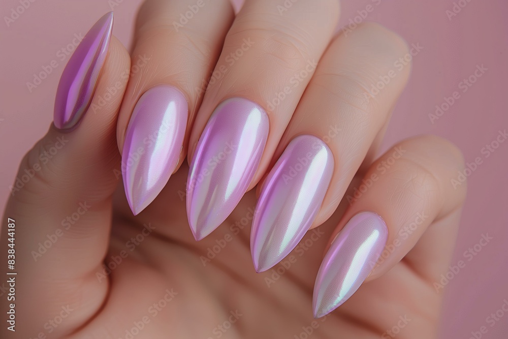close up perfect almond shaped manicure in metallic pastel lavender color, ivory solid color background close up perfect almond shaped manicure in metallic pastel lavender color, ivory solid color background