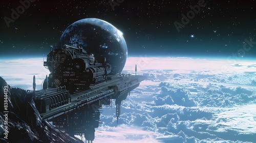Fototapeta Naklejka Na Ścianę i Meble -  Futuristic Floating Space Station Orbiting Serene Planet in Cosmic Landscape