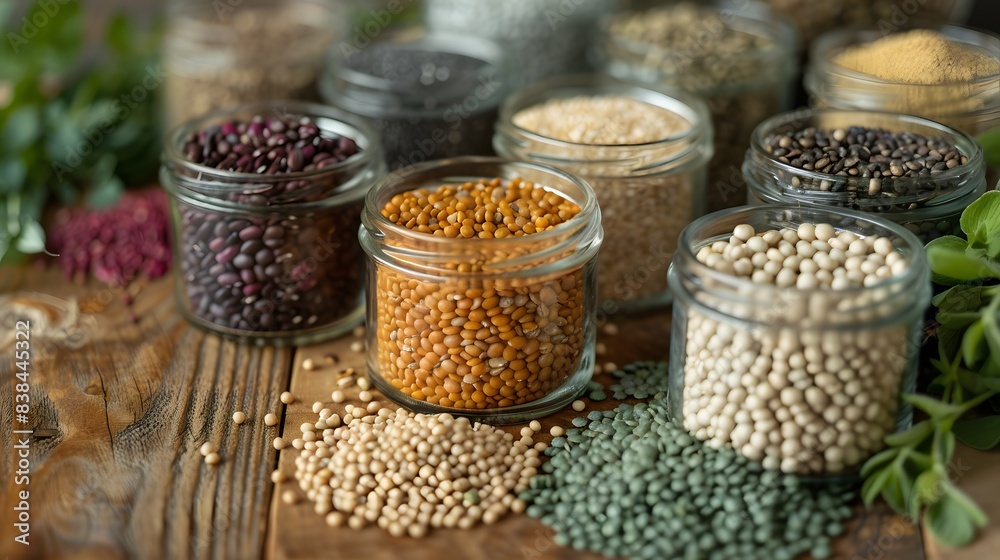 A closeup of salt and pepper shakers with various colorful spices and dried beans in a market setting A closeup of salt and pepper shakers with various colorful spices and dried beans in a market setting