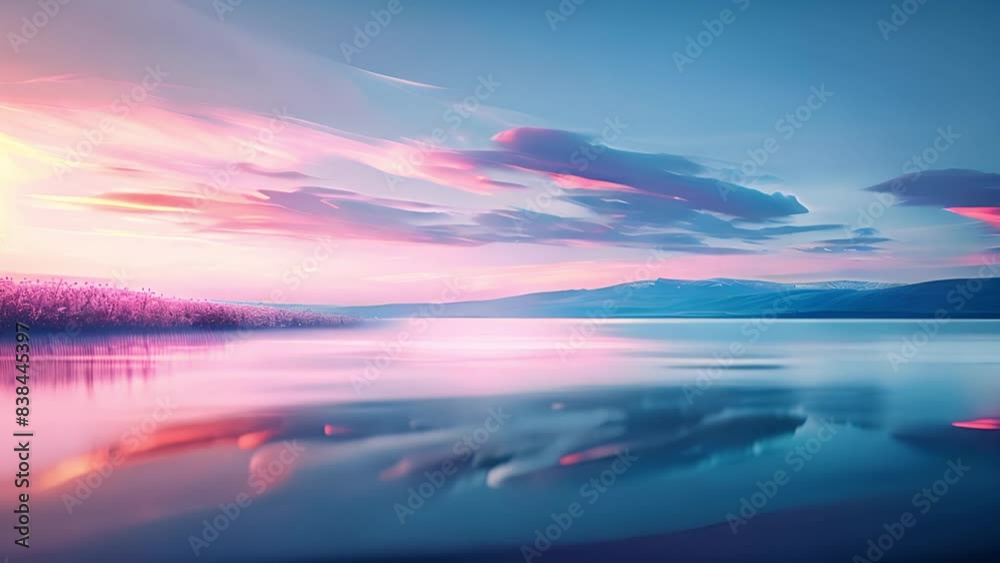 Clear blue sky sunset with glowing pink and purple horizon on calm ocean seascape background. Picturesque 4k video sunset landscape Clear blue sky sunset with glowing pink and purple horizon on calm ocean seascape background. Picturesque 4k video sunset landscape
