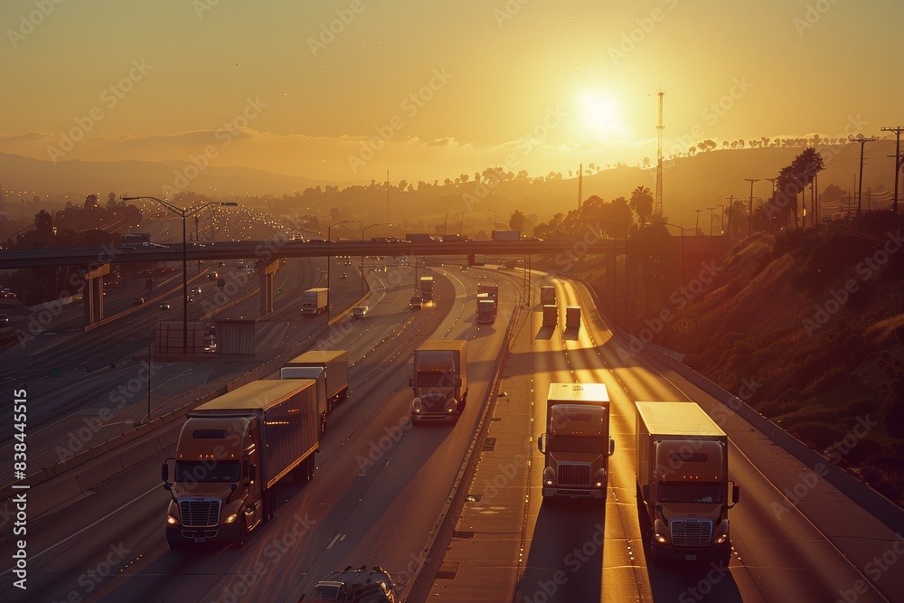 Bustling Highway at Sunrise with Commercial Trucks Transporting Goods - Stock Photography for Transportation and Logistics Bustling Highway at Sunrise with Commercial Trucks Transporting Goods - Stock Photography for Transportation and Logistics
