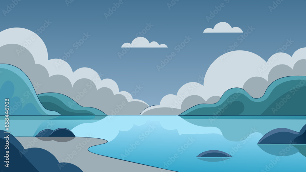 Serene Lakeside Landscape with Rolling Hills and Calm Waters Serene Lakeside Landscape with Rolling Hills and Calm Waters