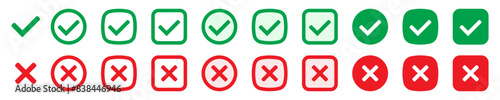 Right or wrong icons. Green tick and red cross checkmarks. Yes or no symbol, approved or rejected icon for user interface.