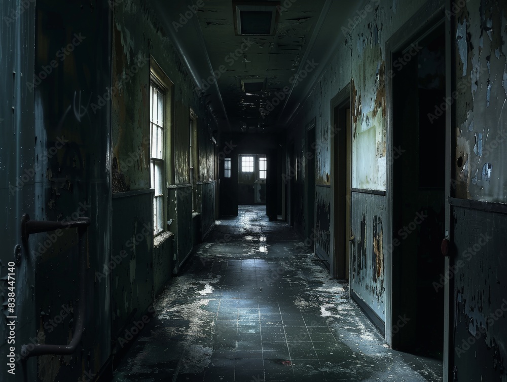 Abandoned asylum with dark, empty hallways and peeling paint, with faint shadows and distant whispers creating a sense of dread and horror 