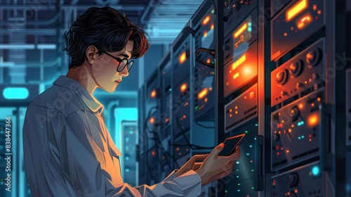 Engineer Working Late in Data Center - Technology and Innovation