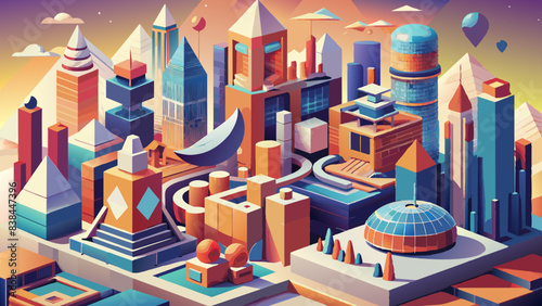 Vibrant Futuristic Cityscape with Dynamic Architecture and Balloons