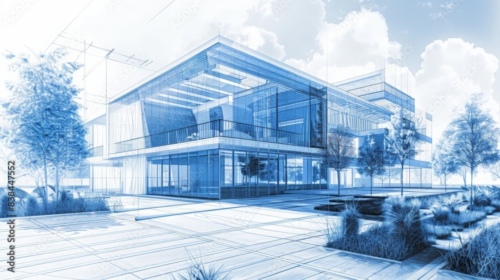 Blueprint of a modern, eco-friendly building, showcasing sustainable features such as solar panels, green roofs, and rainwater harvesting systems 