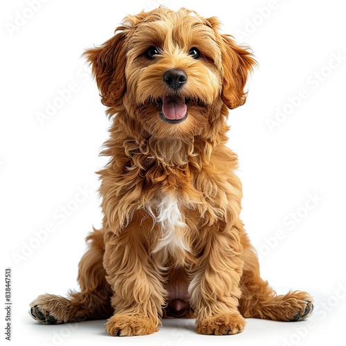 a highly realistic picture of a red goldendoodle sitting looking straight to the camera, happy mood, white background