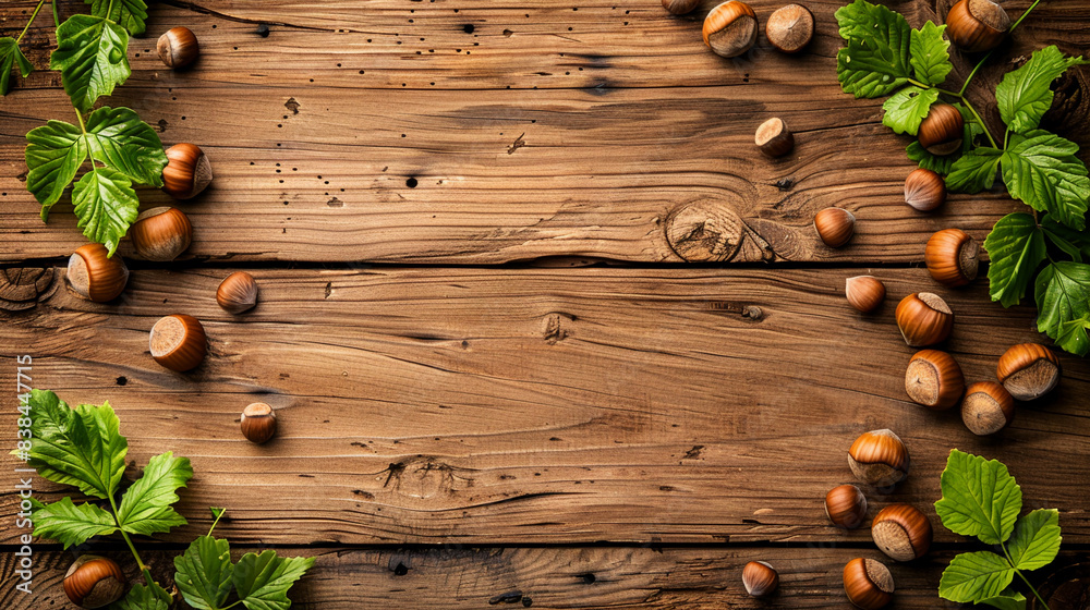 Top-down view of wooden table with hazelnuts and leaves scattered around the edges. Copy space for text Top-down view of wooden table with hazelnuts and leaves scattered around the edges. Copy space for text