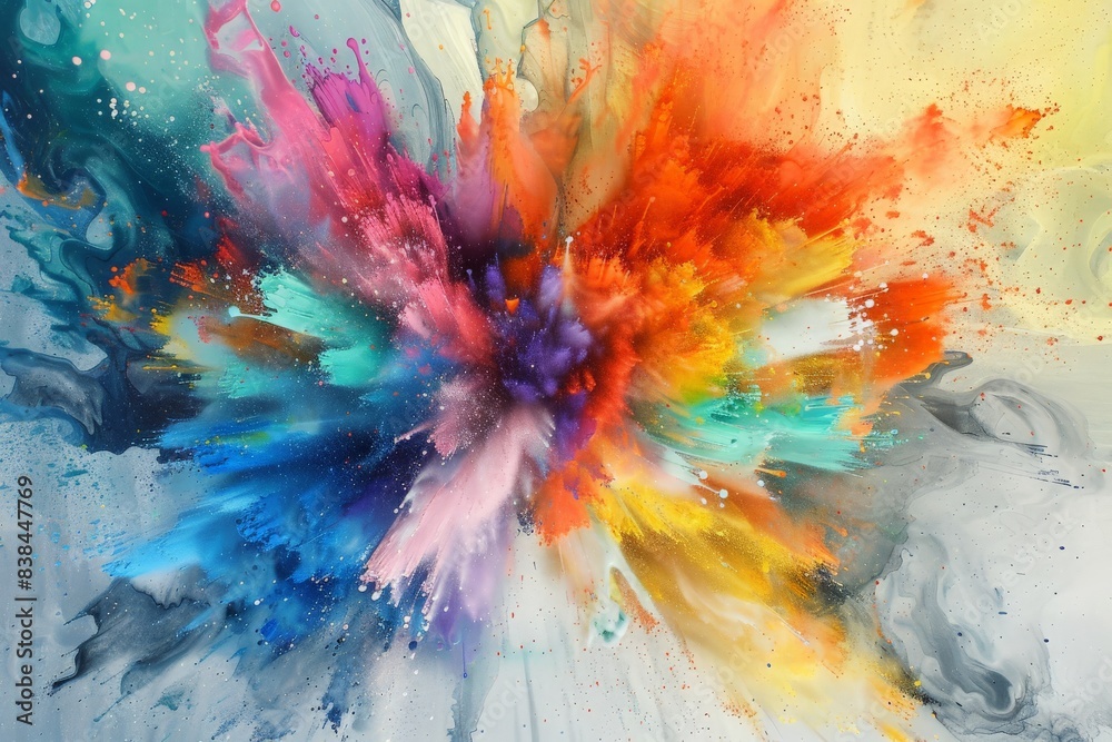 Color explosion on a canvas, showing the moment of impact as various paint colors collide and mix, forming a chaotic yet beautiful abstract artwork Color explosion on a canvas, showing the moment of impact as various paint colors collide and mix, forming a chaotic yet beautiful abstract artwork