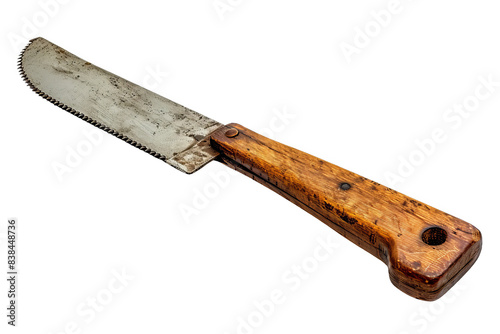 Vintage rusty handsaw with a wooden handle isolated on a white background, showing signs of age and wear, ideal for antique tool collections.